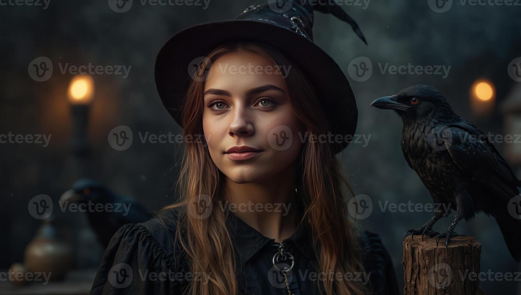A pretty young witch with crow on her shoulder smiling with conspiracy on dark smoky background with copy space. photo