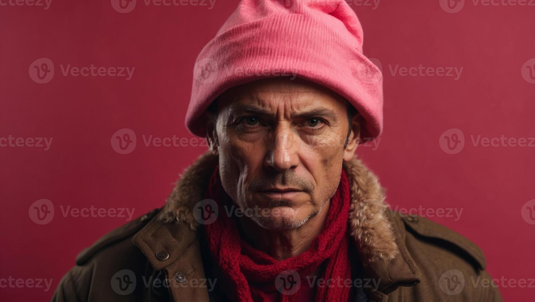 A thief in a red hat, stole someone else's Christmas gifts Angry character, negative human emotions Pink background, copy space. photo