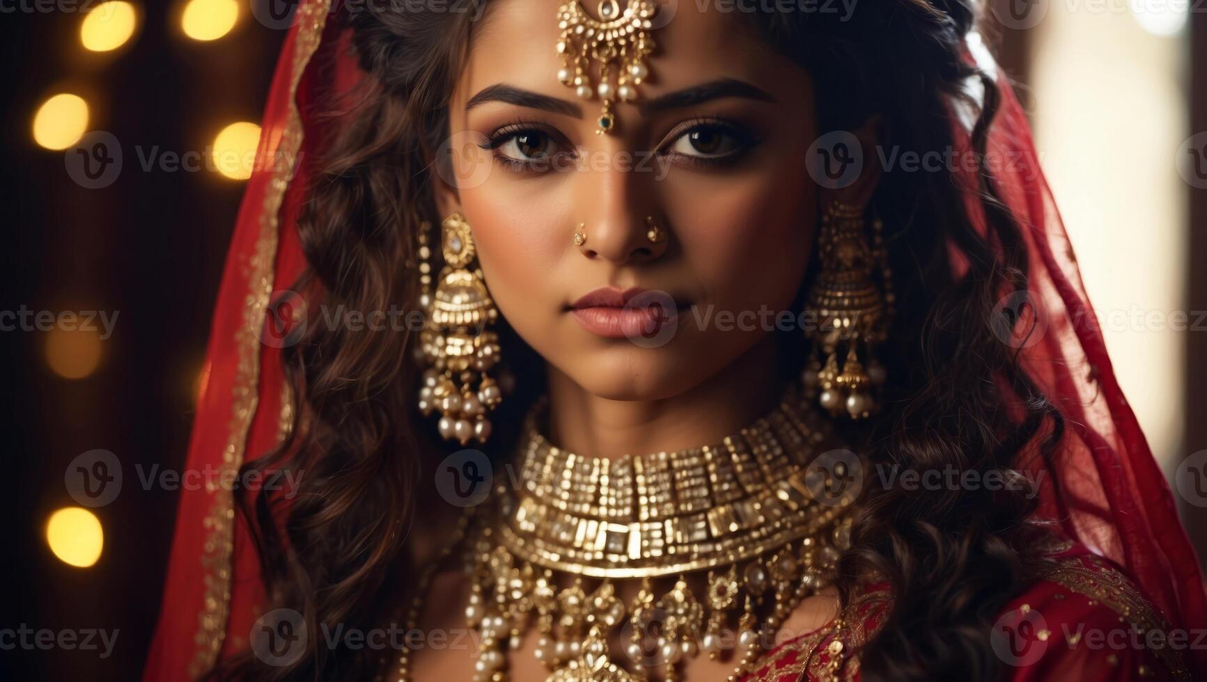 A young beautiful woman of Indian ethnicity wearing traditional bridal costumes and jewellery. photo