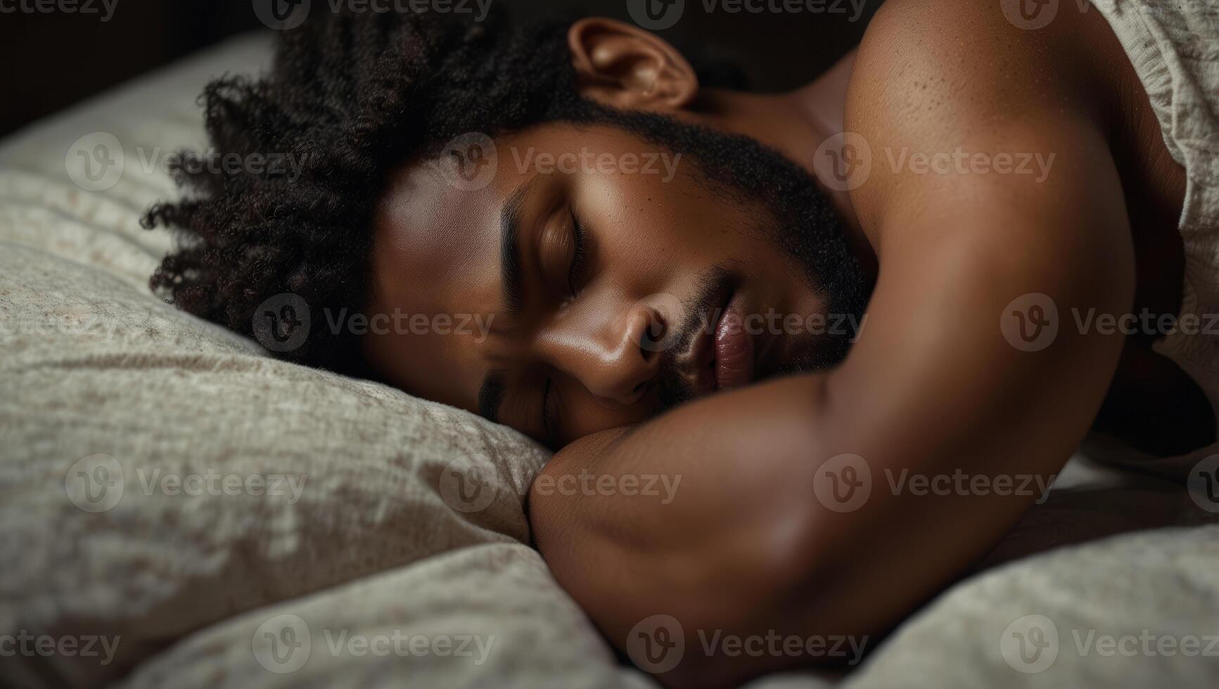 African American young man sleeping tightly in bed, top view with copy space, concept of sweet dreams, take a good rest, sleeping issue and insomnia. photo