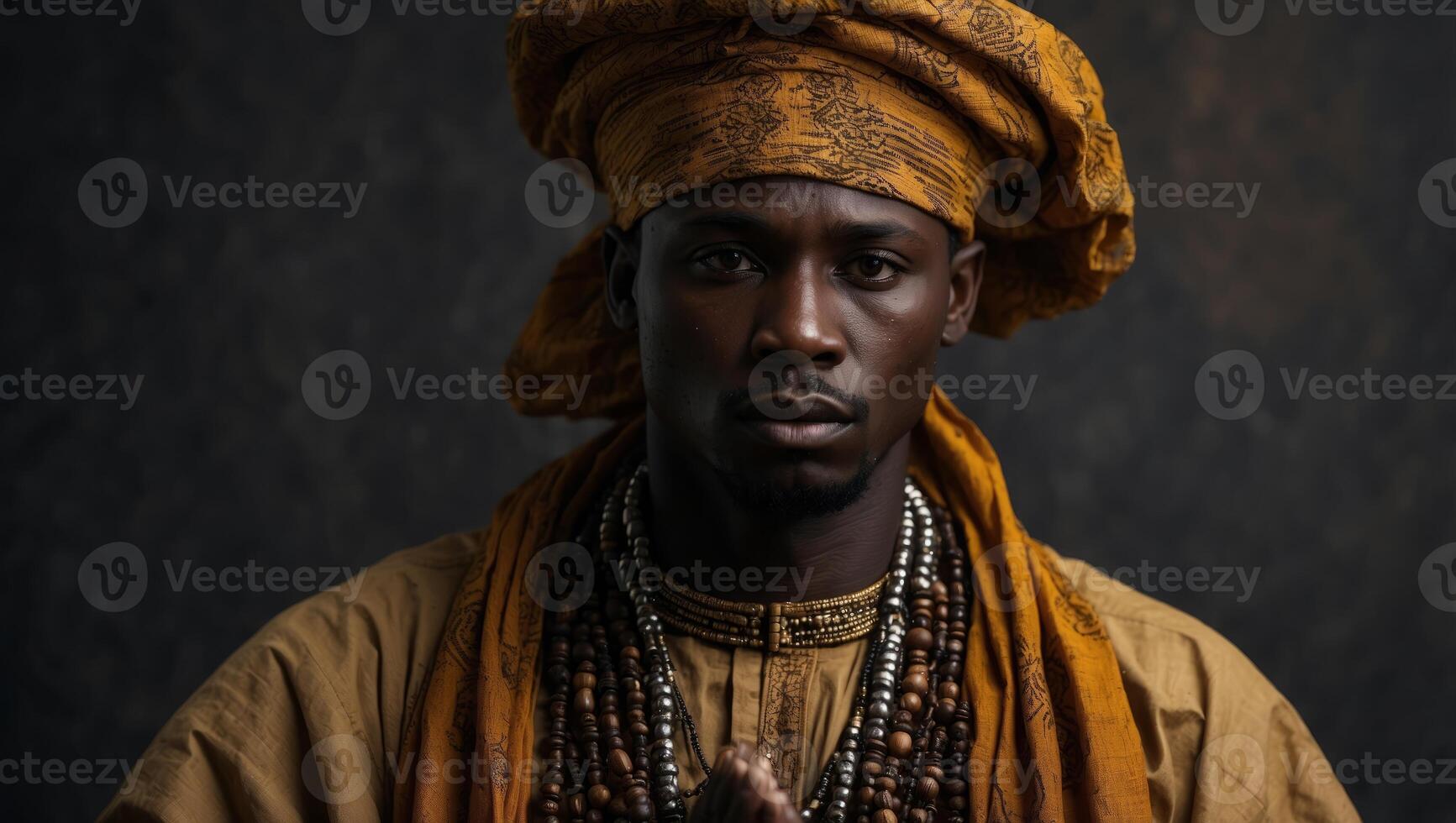 African man in national clothes and traditional headdress Gele from Nigeria is praying before the gray wall. photo