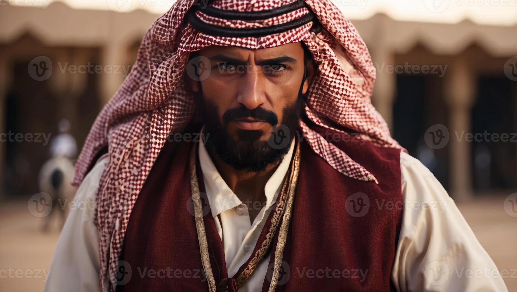 Arabian man with traditional clothes riding his horse. photo