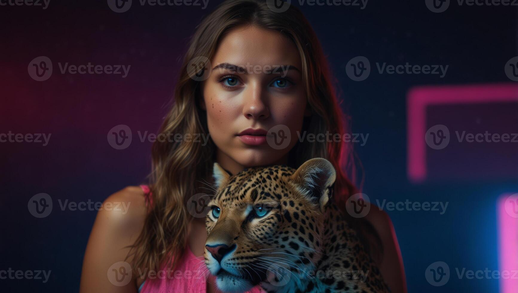 Beautiful young woman with a fierce leopard under pink and blue neon light in studio, concept of dangerous, woman power and fatal temptation. photo