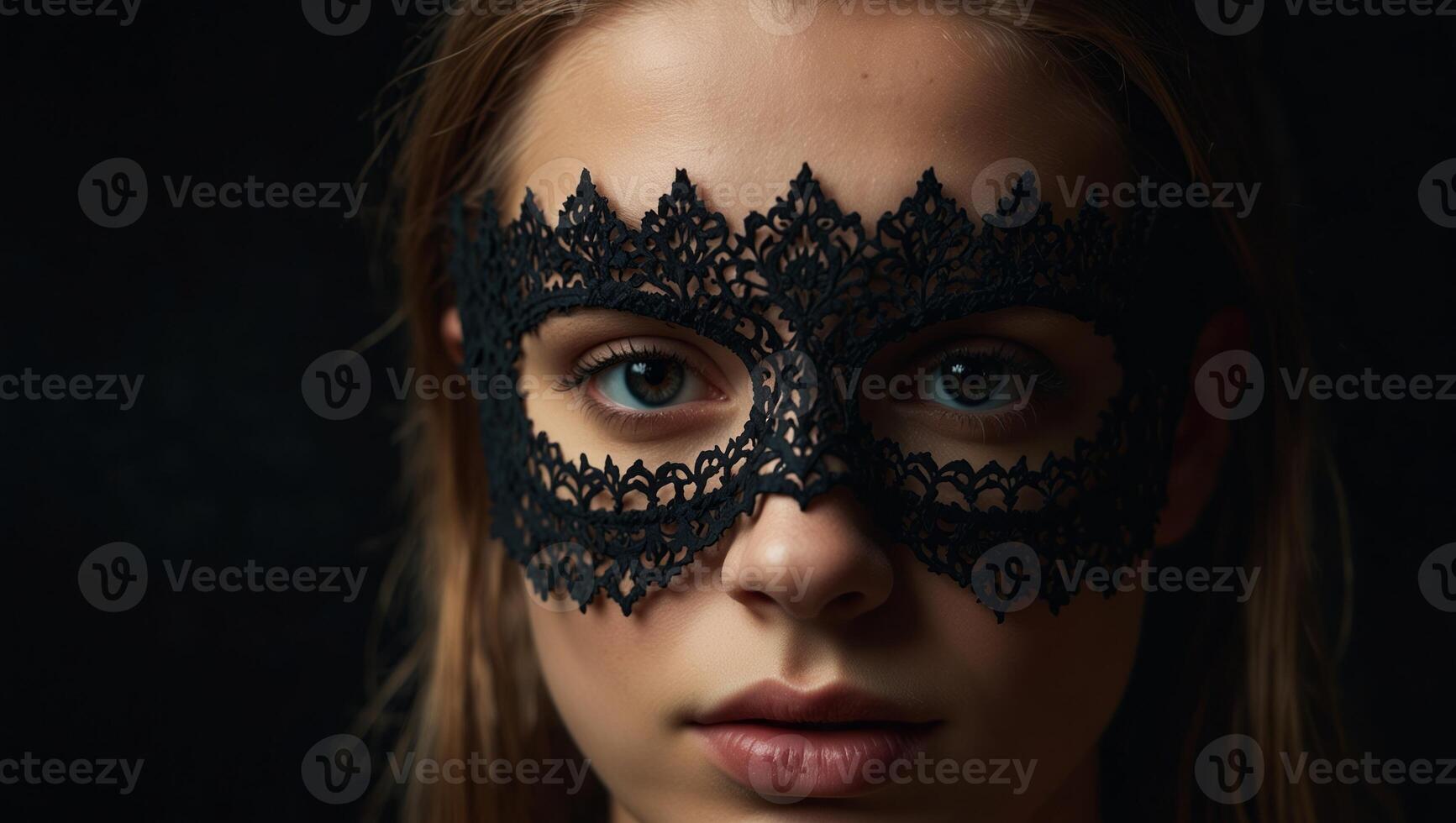 Close up of a beautiful mysterious young woman with black lace mask over her eyes on black background. photo