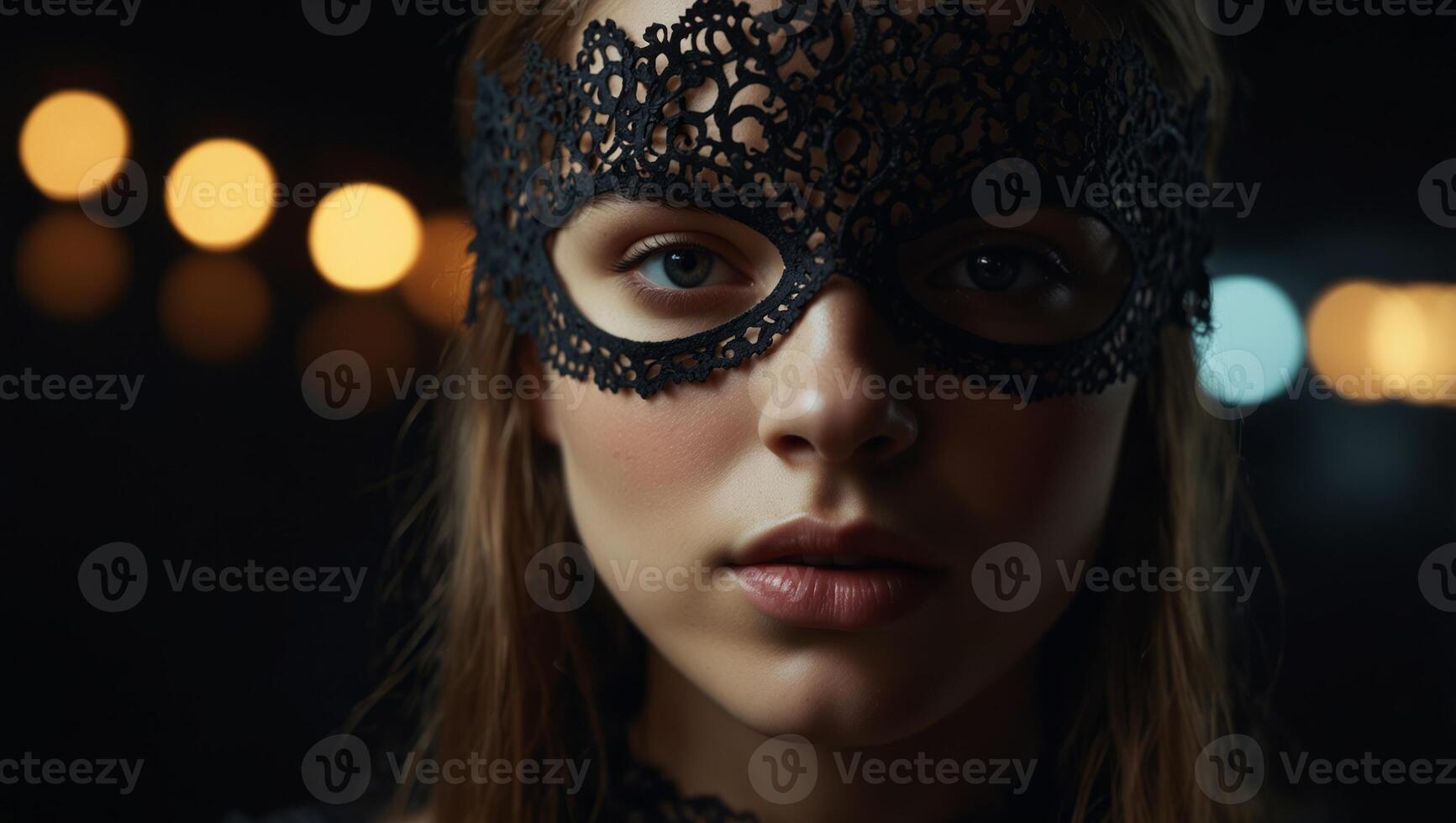 Close up of a beautiful mysterious young woman with black lace mask over her eyes on black background. photo
