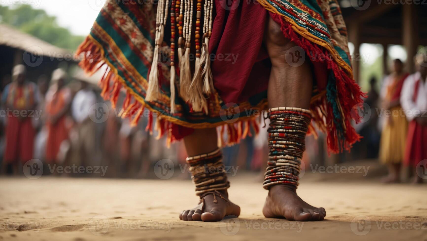 Close up feet of indigenous man dancing in traditional costume. photo