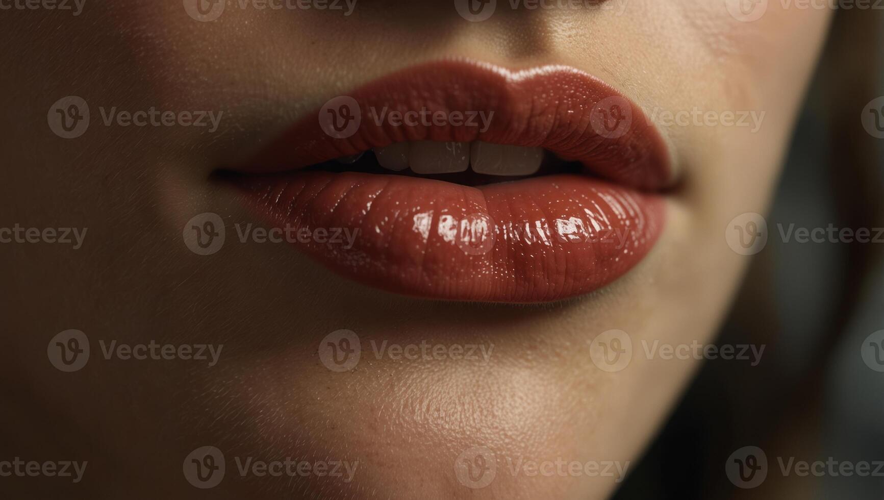 Close up view of beautiful woman glossy lips and smooth skin, macro shot of a beauty's bottom face. photo