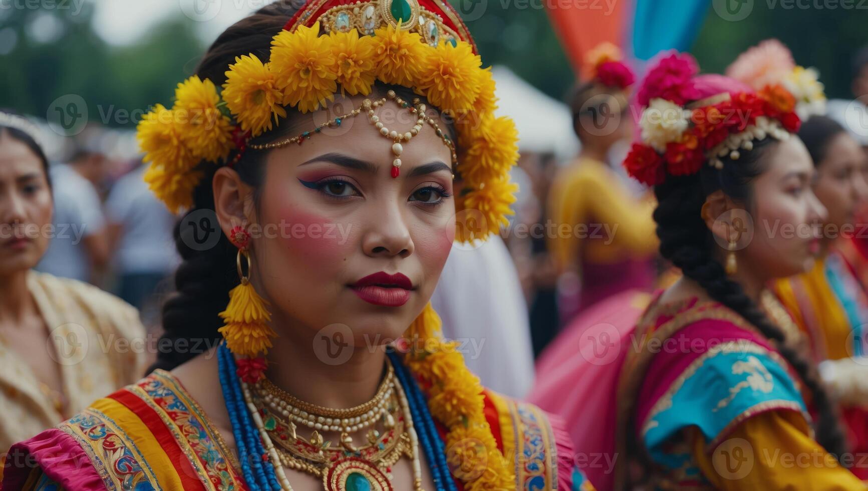 a multicultural festival with colorful traditional costumes and performances. photo