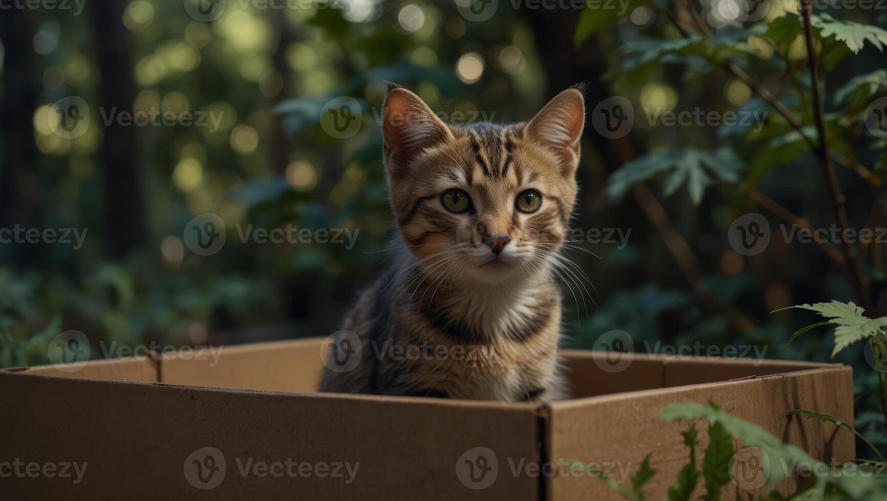 Abandoned kitten cat watching alertly to outside from a paper box underbrush, concept of animal protection. photo