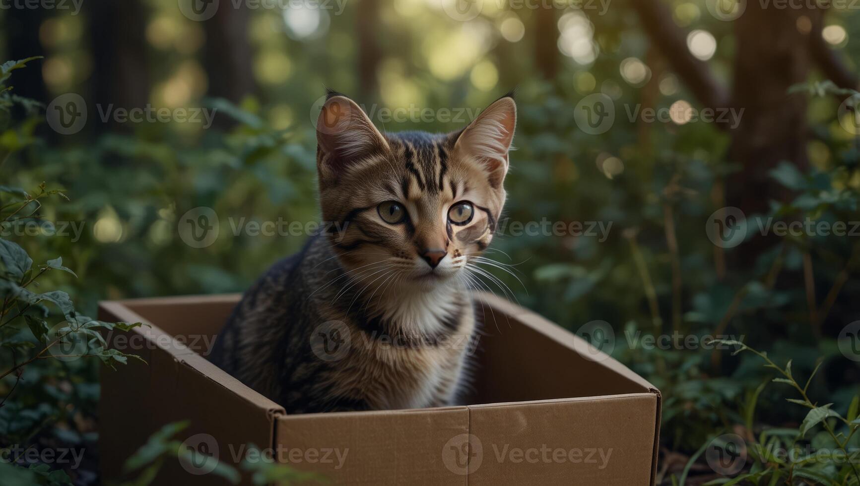 Abandoned kitten cat watching alertly to outside from a paper box underbrush, concept of animal protection. photo