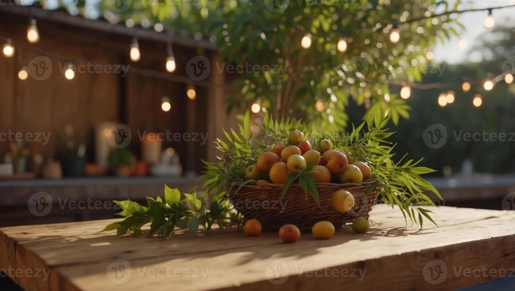 Jewish holiday Sukkot celebration background with decorations on wooden table. photo