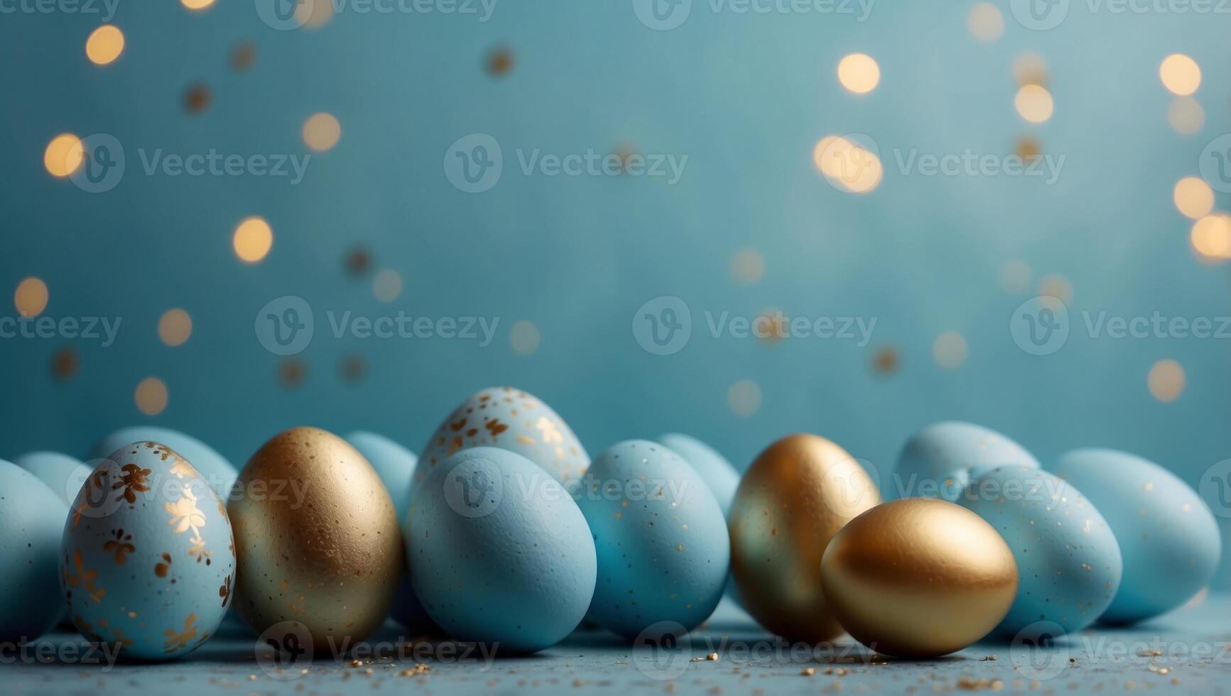 Light blue easter background with gift boxes, gold eggs, and space for text or elements. photo