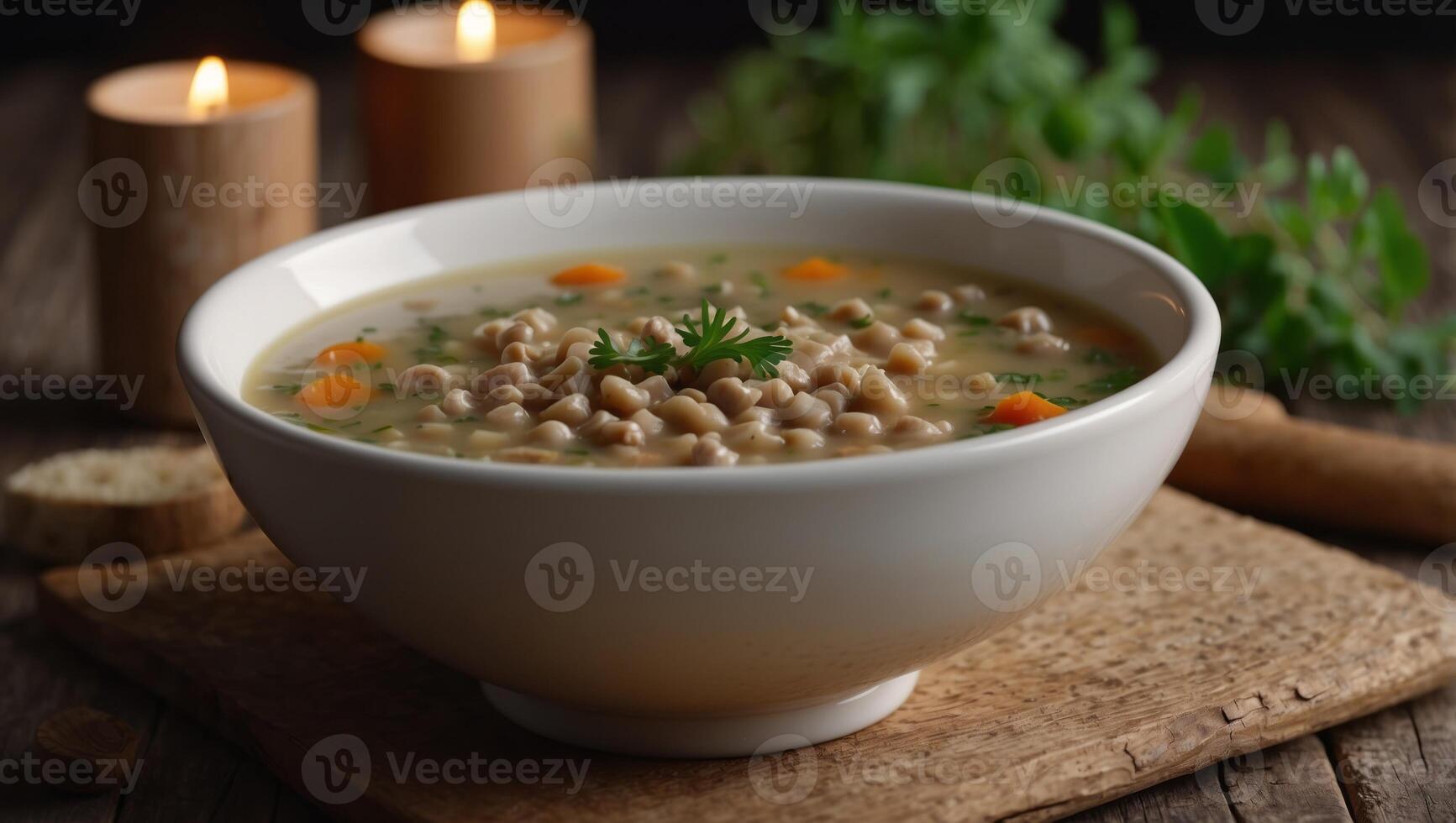 Lentil or tripe soup on wooden textured table. photo