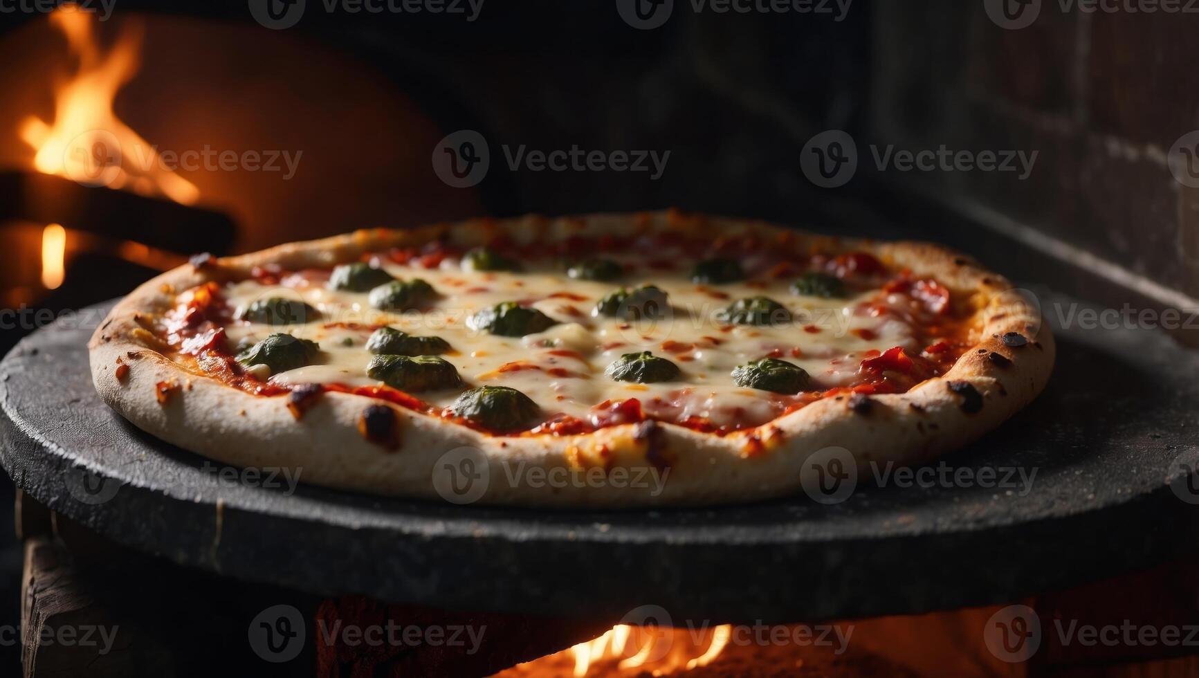 Pizza in the traditional pizza oven with a wood fire Close up of hot cooking. photo