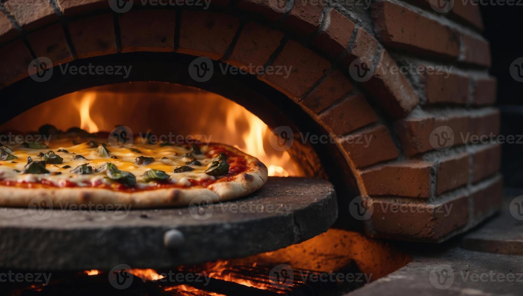 Pizza in the traditional pizza oven with a wood fire Close up of hot cooking. photo
