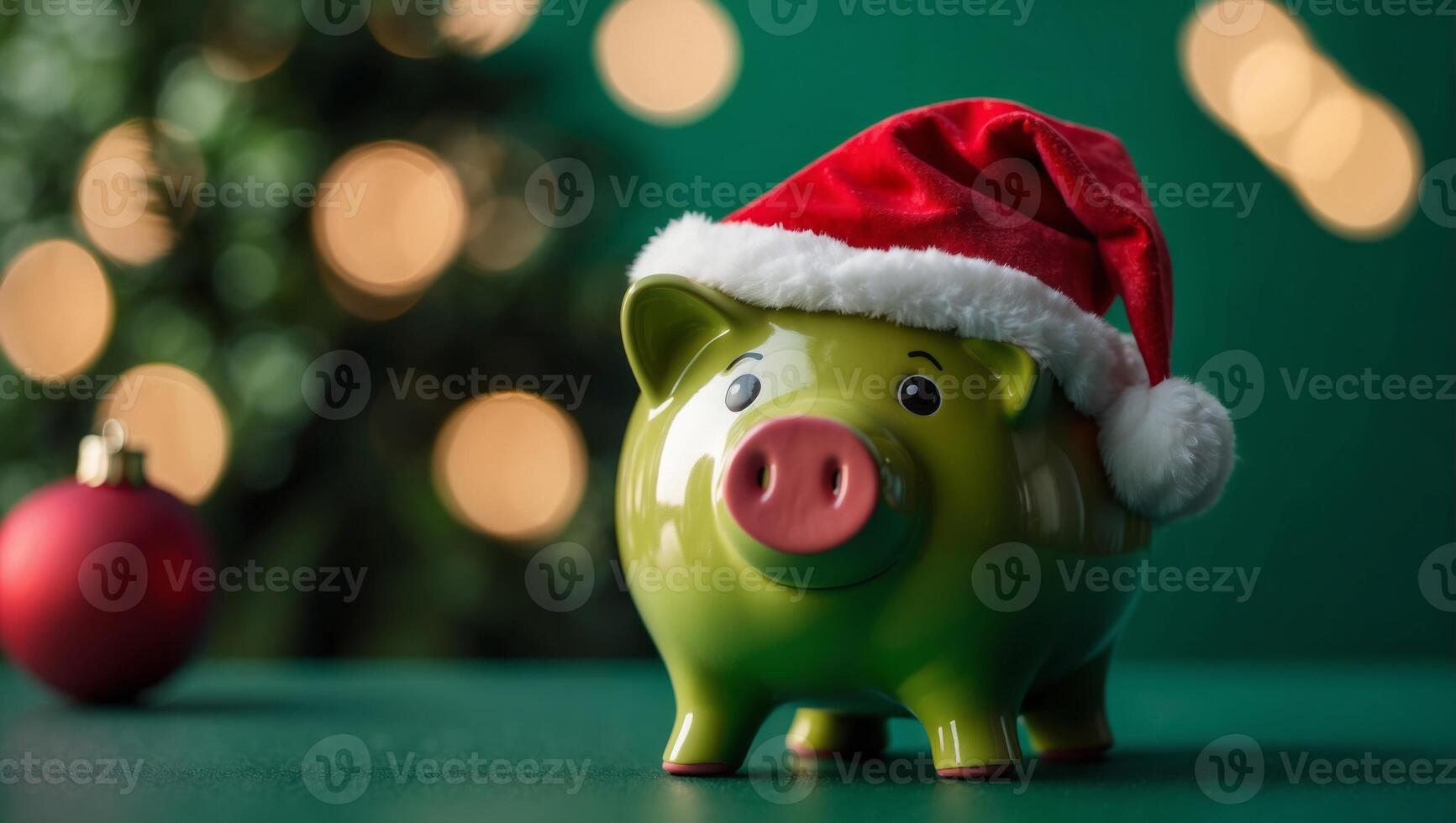 Piggy bank in a Santa Claus hat on a green background Concept for Christmas holiday debt and expenses. photo