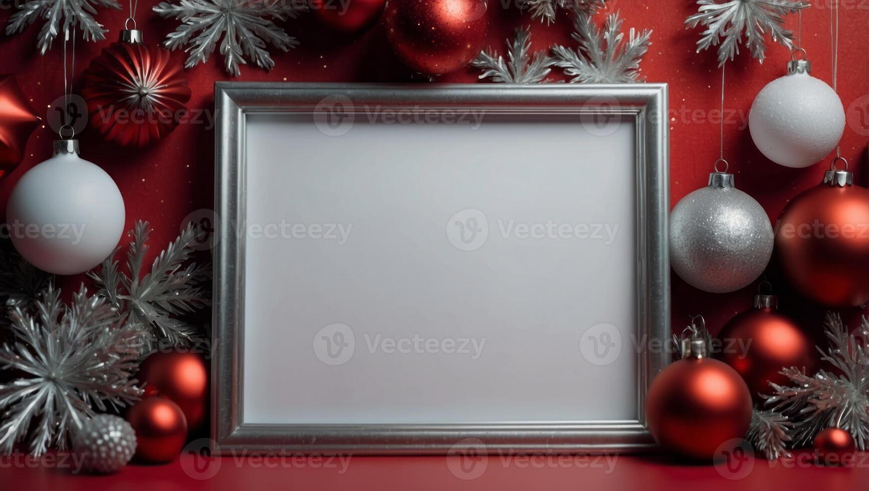 Red festive background with white frame and silver holiday decor. photo