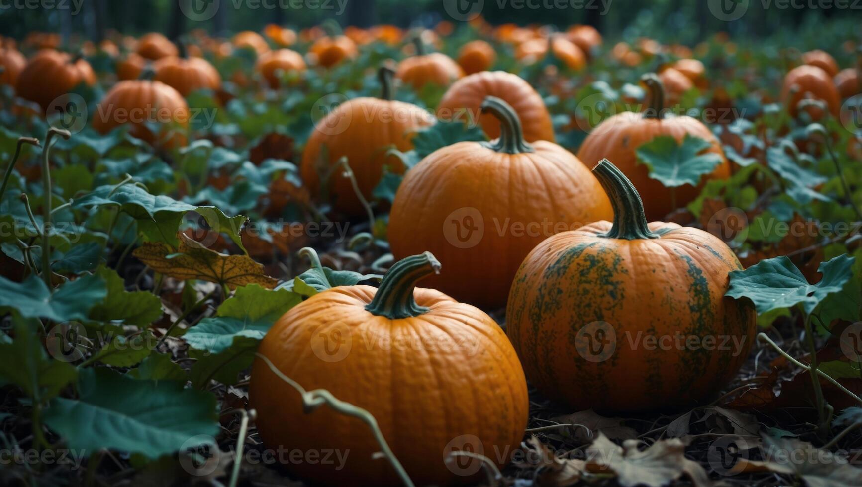 Pumpkins in foliage for Halloween holiday lying on the floor Spooky drawings on pumpkins. photo