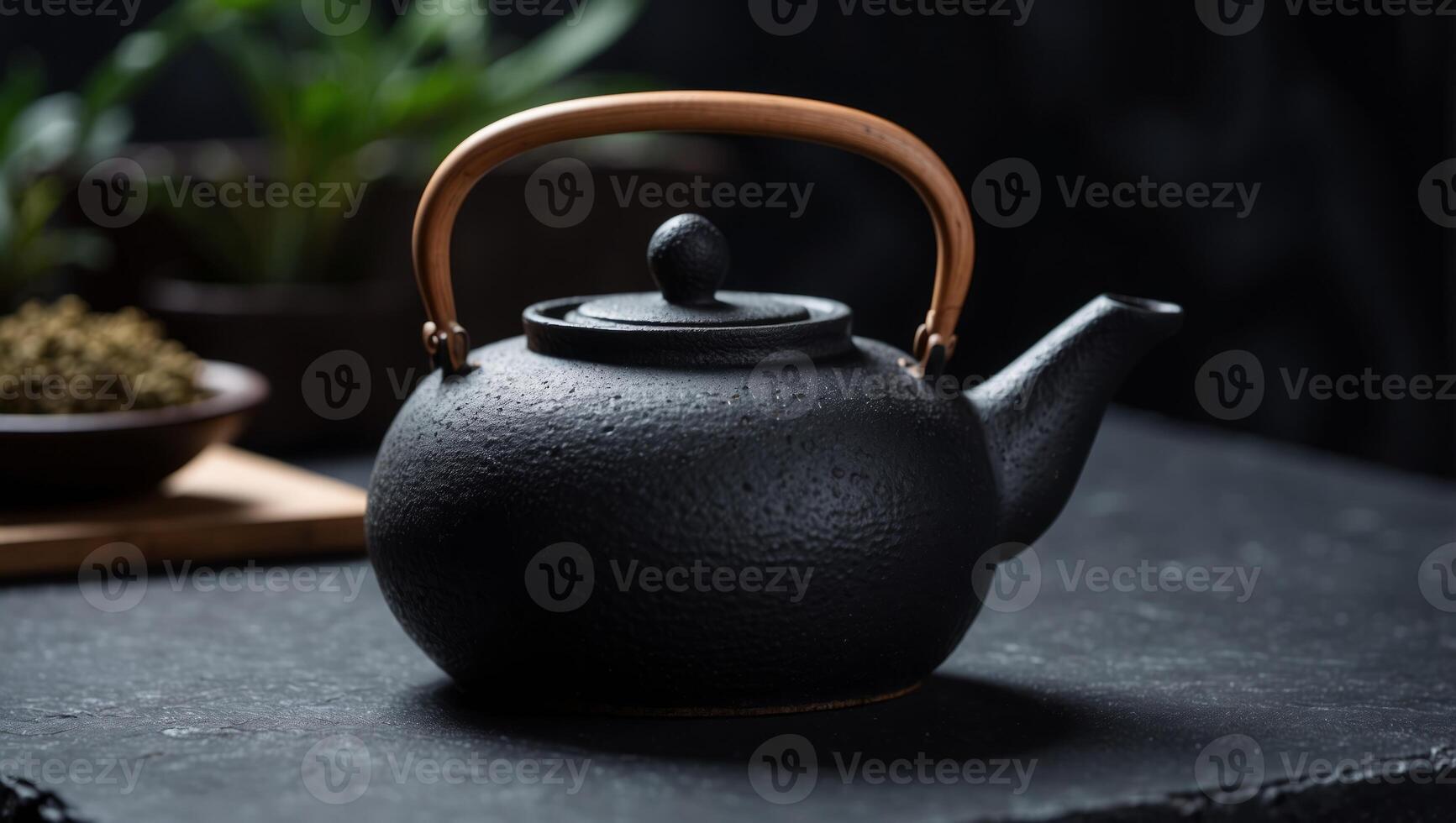 Traditional Japanese teapot for brewing tea On a black stone background Top view Free space for text. photo