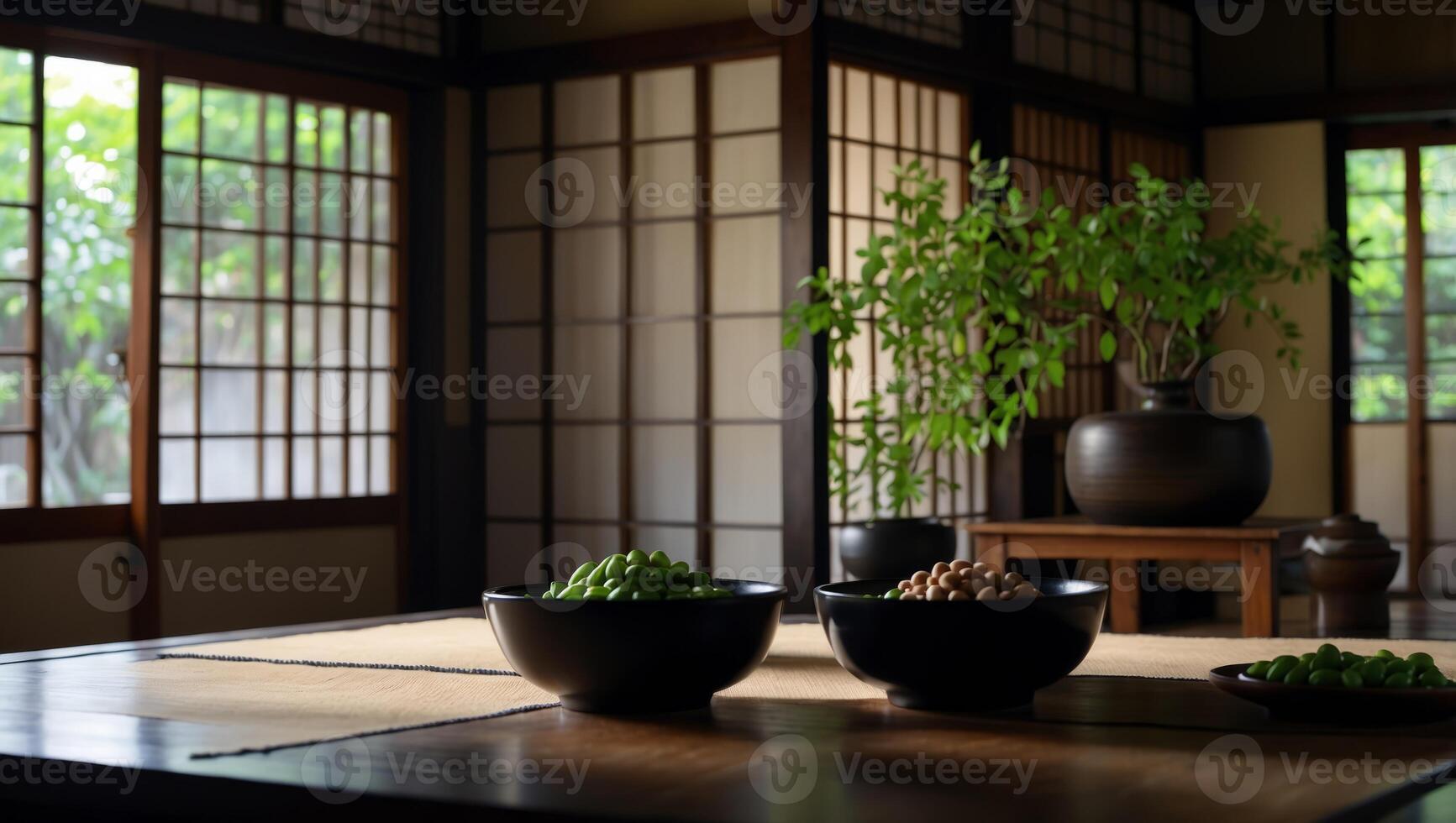 Traditional japanese machiya house or ryokan restaurant with black lacquered wood table and edamame soybeans food with natto and soy sauce. photo