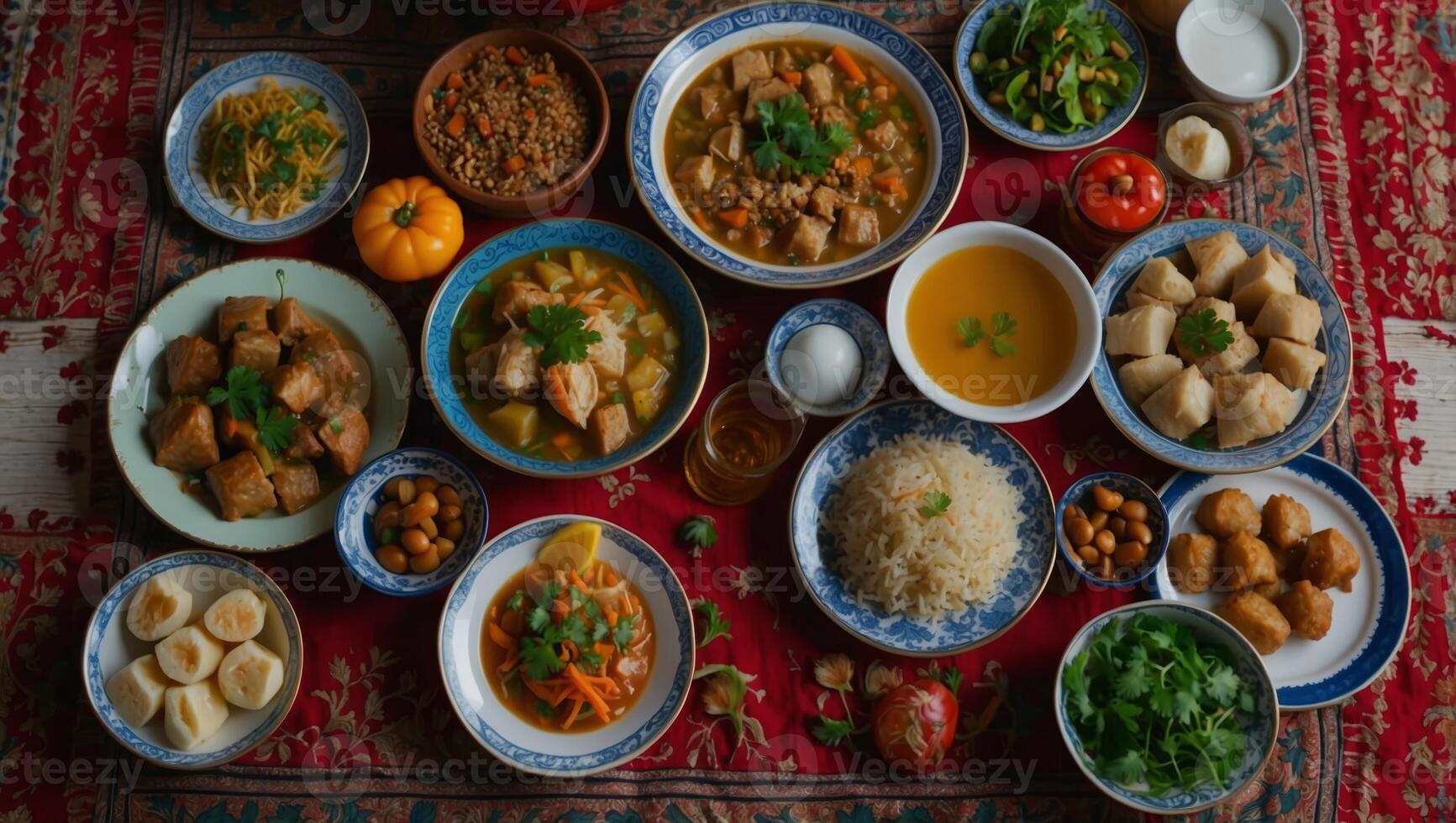 Traditional Uzbek oriental cuisine Uzbek family table from different dishes in national dishes for the New Year holiday The background image is a top view, copy space, flat lay. photo