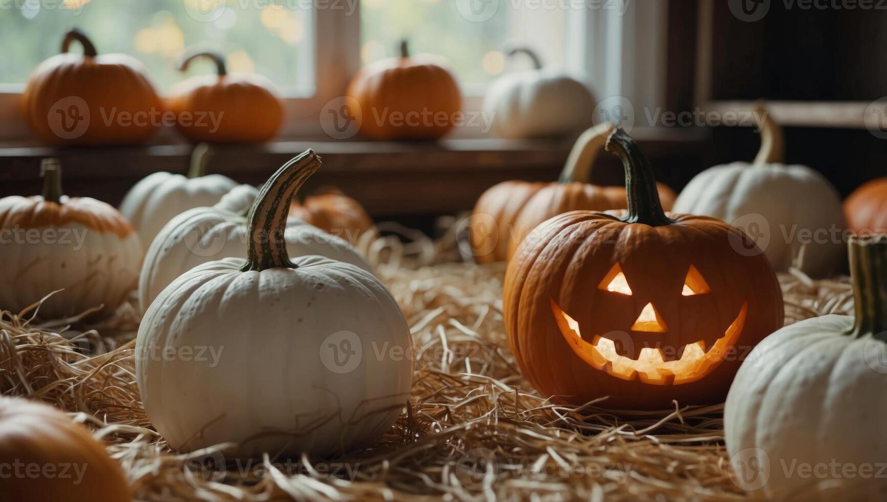 White and orange pumpkins lying in a room on a straw Halloween holiday and pumpkins. photo