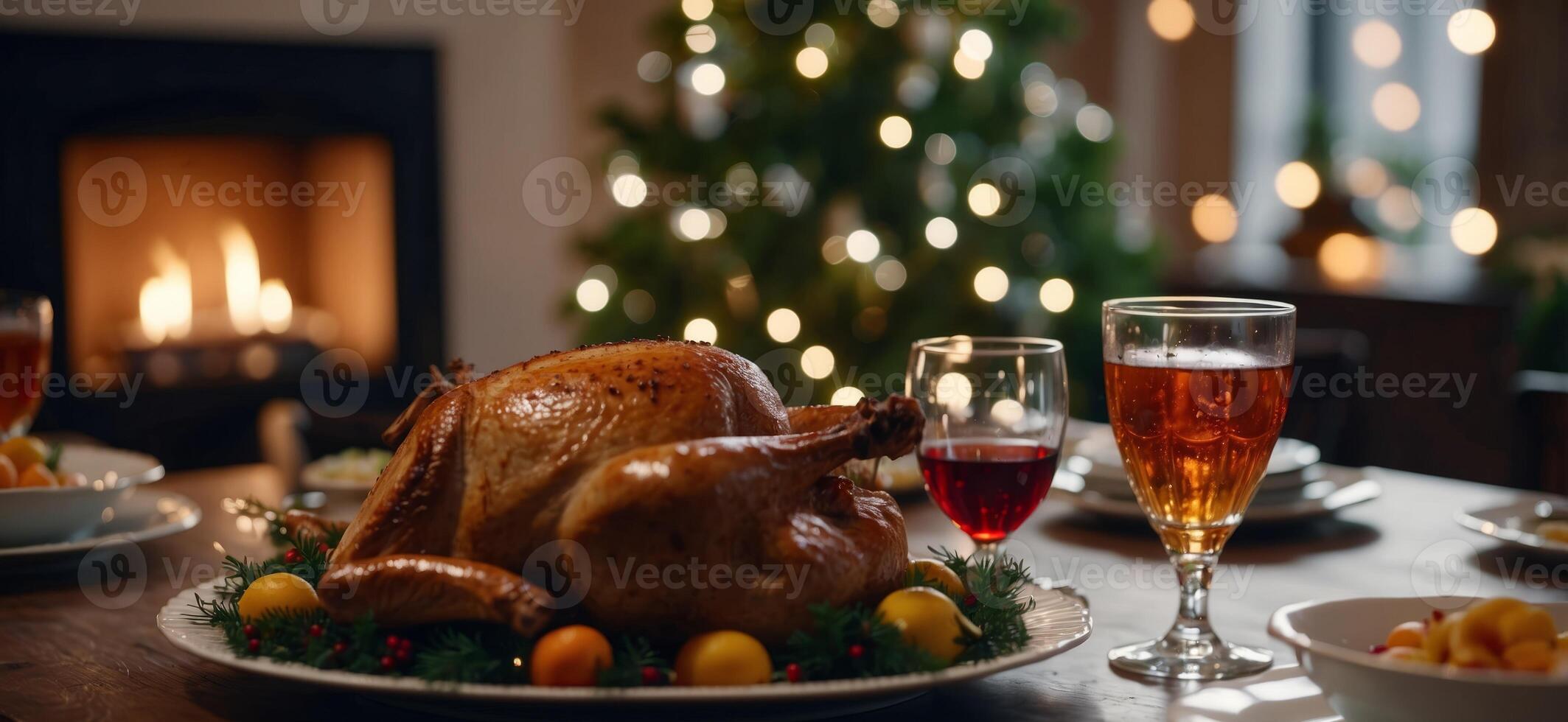 christmas dinner and eating concept - food and drinks on table at home. photo