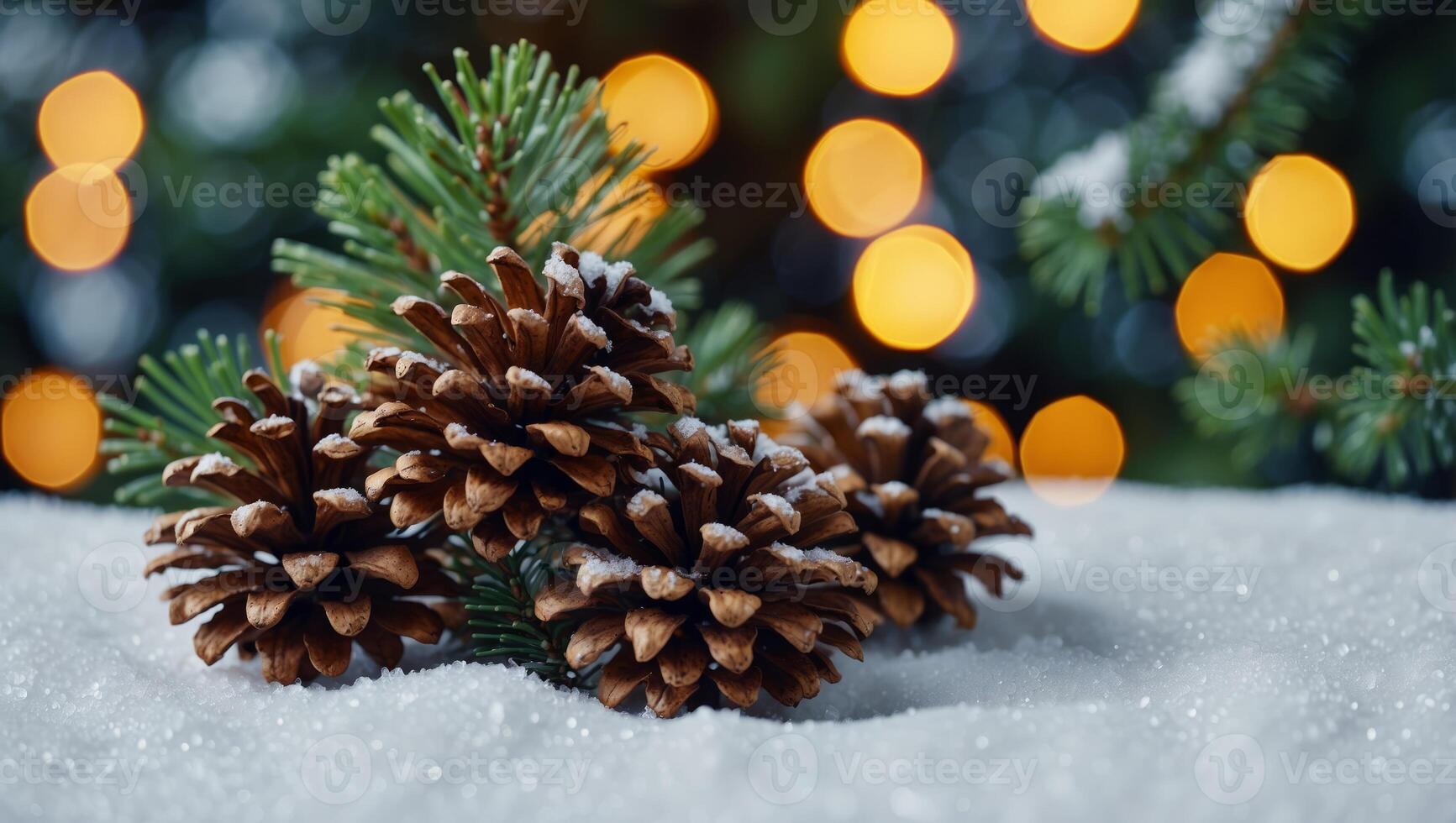 christmas, decoration and winter holidays concept - close up of fir branch with cones on artificial snow. photo