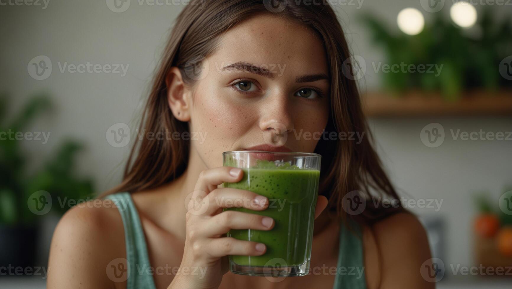 Diet Healthy Eating Woman Drinking Fresh Raw Green Detox Vegetable Juice Healthy Lifestyle, Vegetarian Food And Meal Drink Smoothie Nutrition Concept with copy space. photo