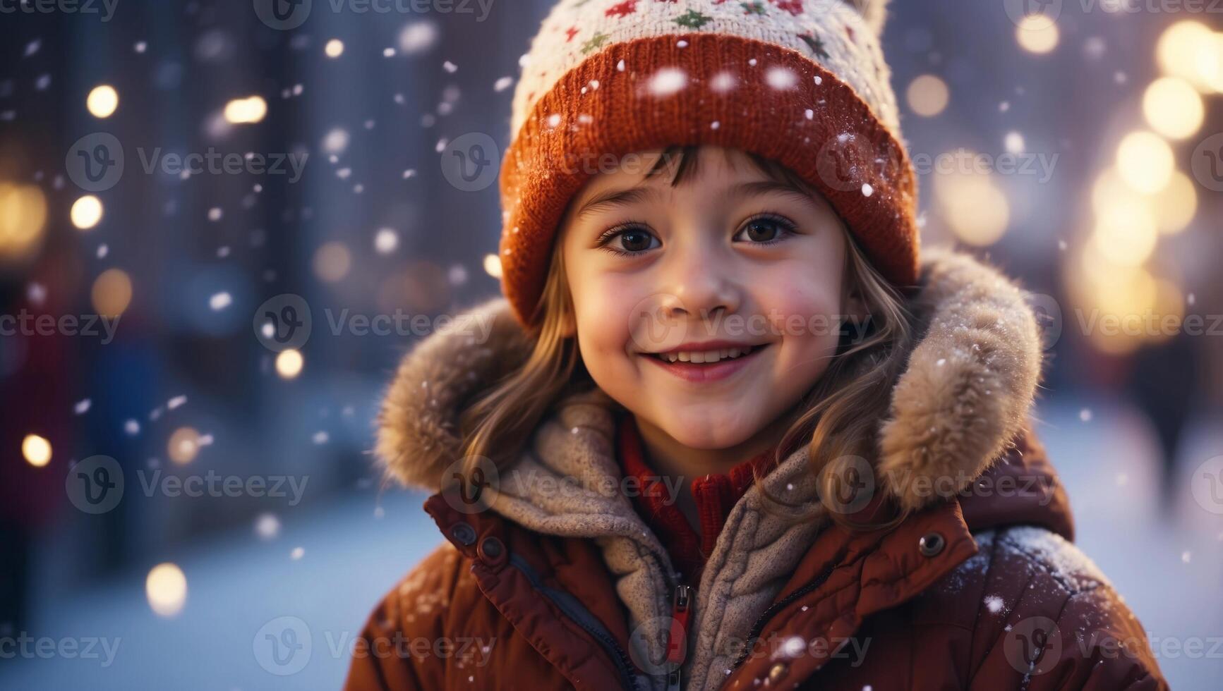 Cute child with happy face wearing a warm hat and warm jacket surrounded with snowflakes Winter holidays concept. photo