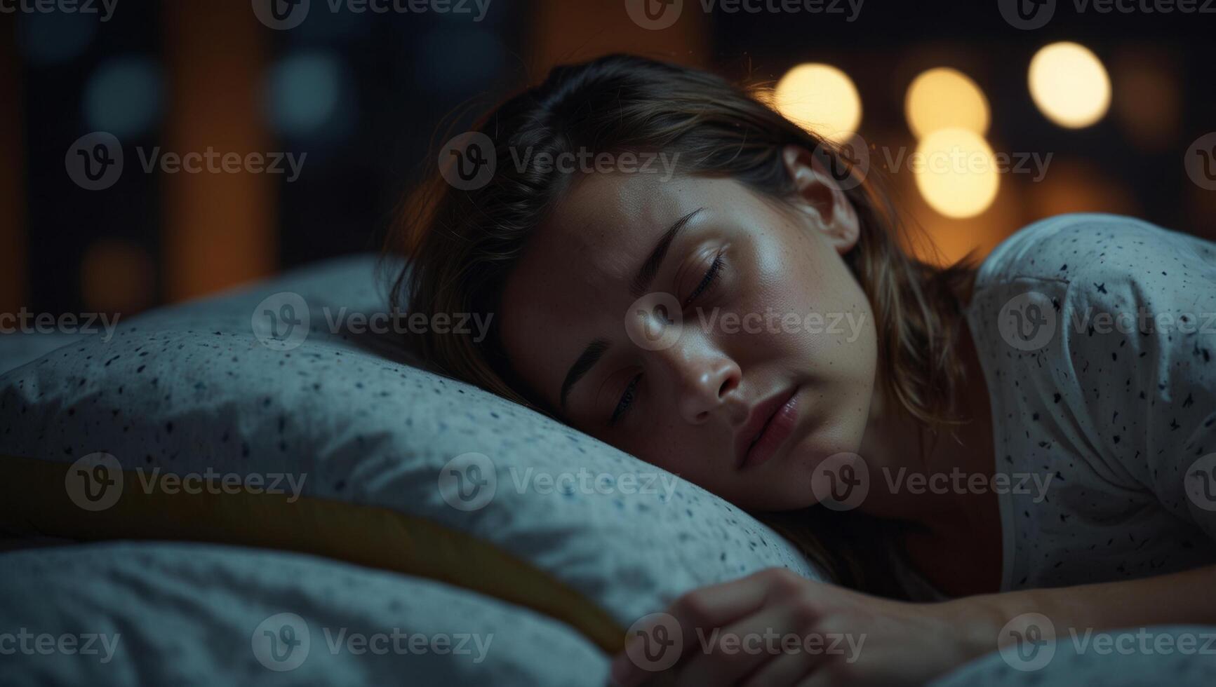 Depressed woman awake in the night, she is exhausted and suffering from insomnia, with copy space. photo