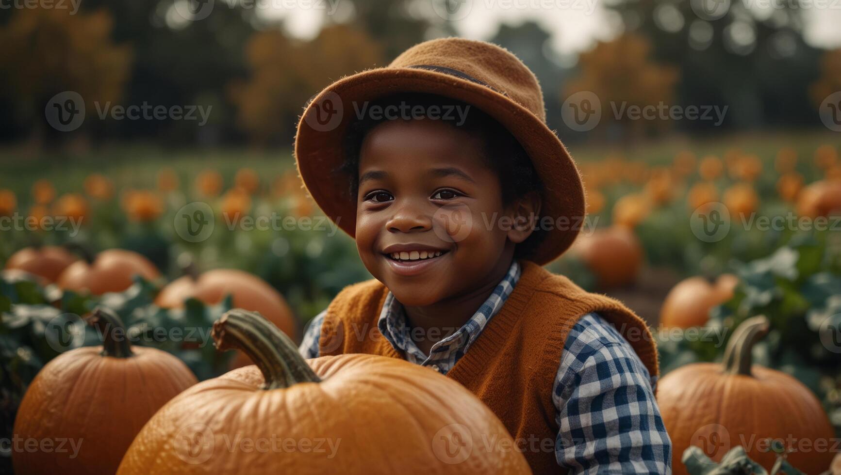 Happy little African American boy in a pumpkin patch in autumn, Halloween season events, with copy space. photo