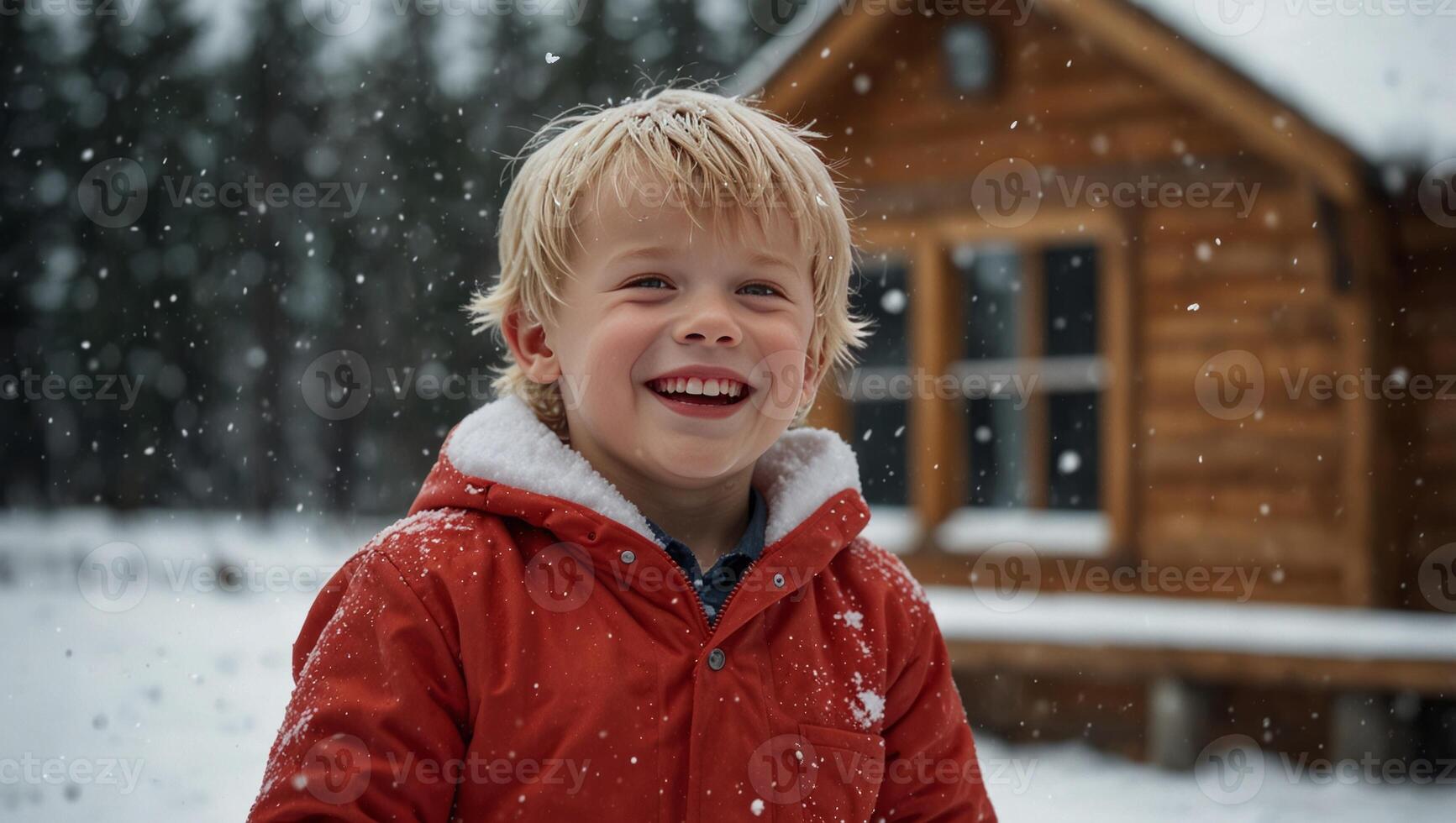 Happy blonde boy in red coat playing with snow outside on blurred cabin snowy background, with copy space, concept for winter vacation, xmas and new year holidays. photo