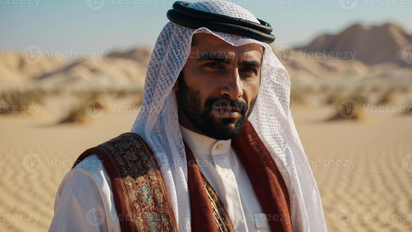 Man wearing traditional uae clothes spending time in the desert. photo