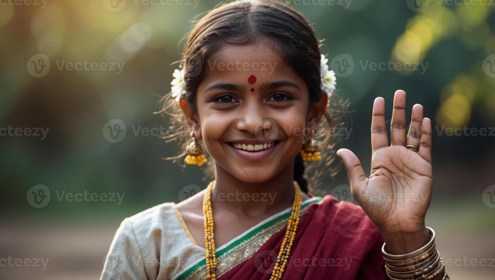 happy smiling Indian girl with traditional ethnic dress in namaste gesture looking at camera - concept of Indian way of greeting. photo