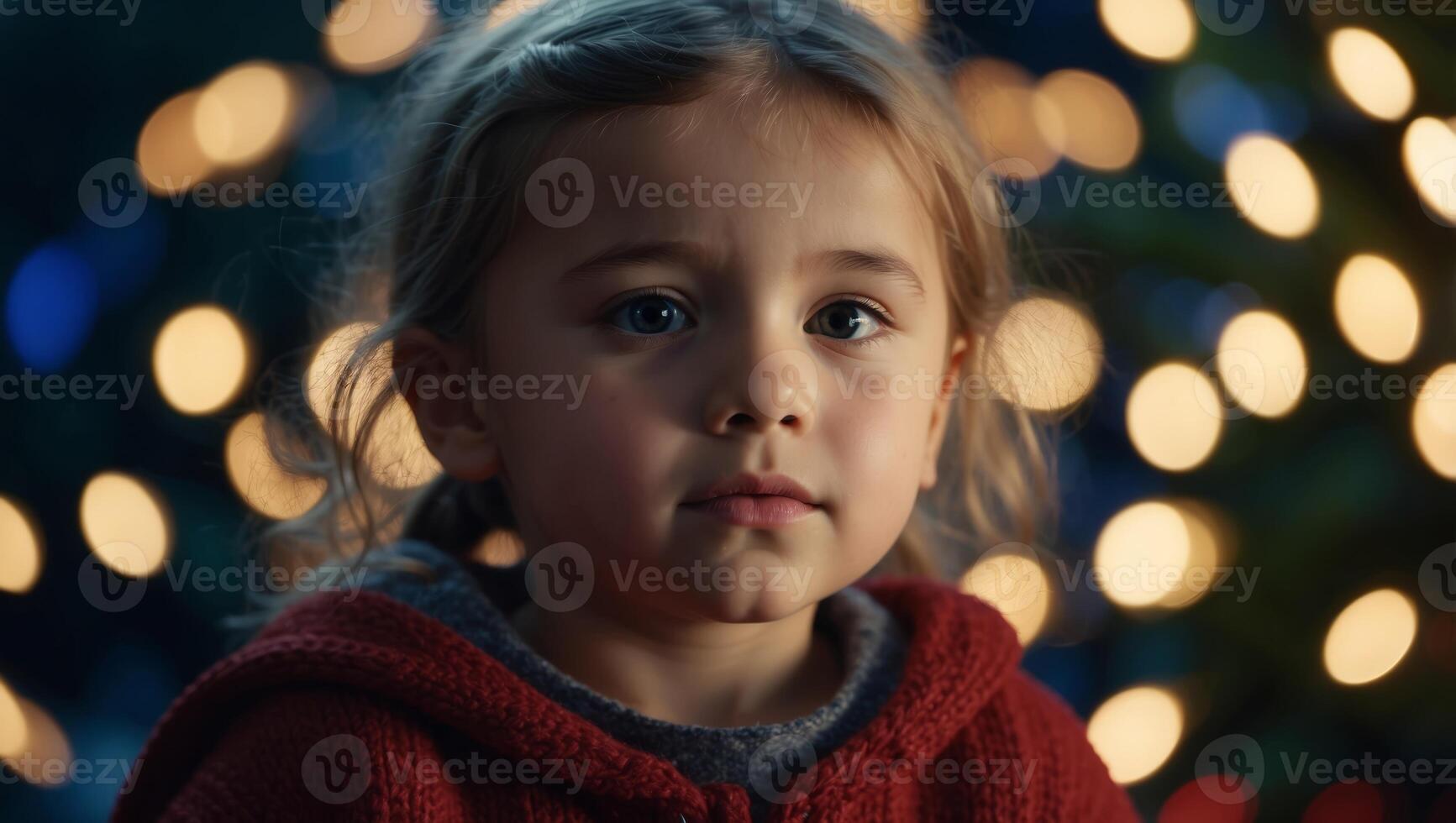 little girl with christmas lights looks at the camera. photo