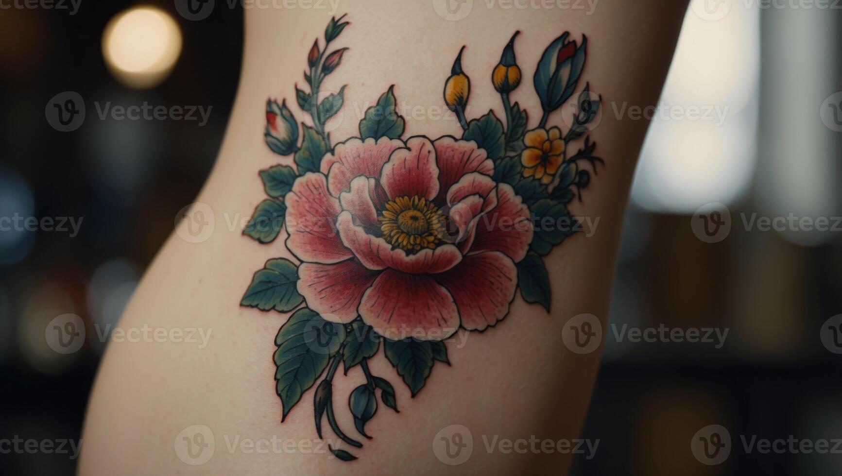 traditional tattoo of a banner and flowers. photo
