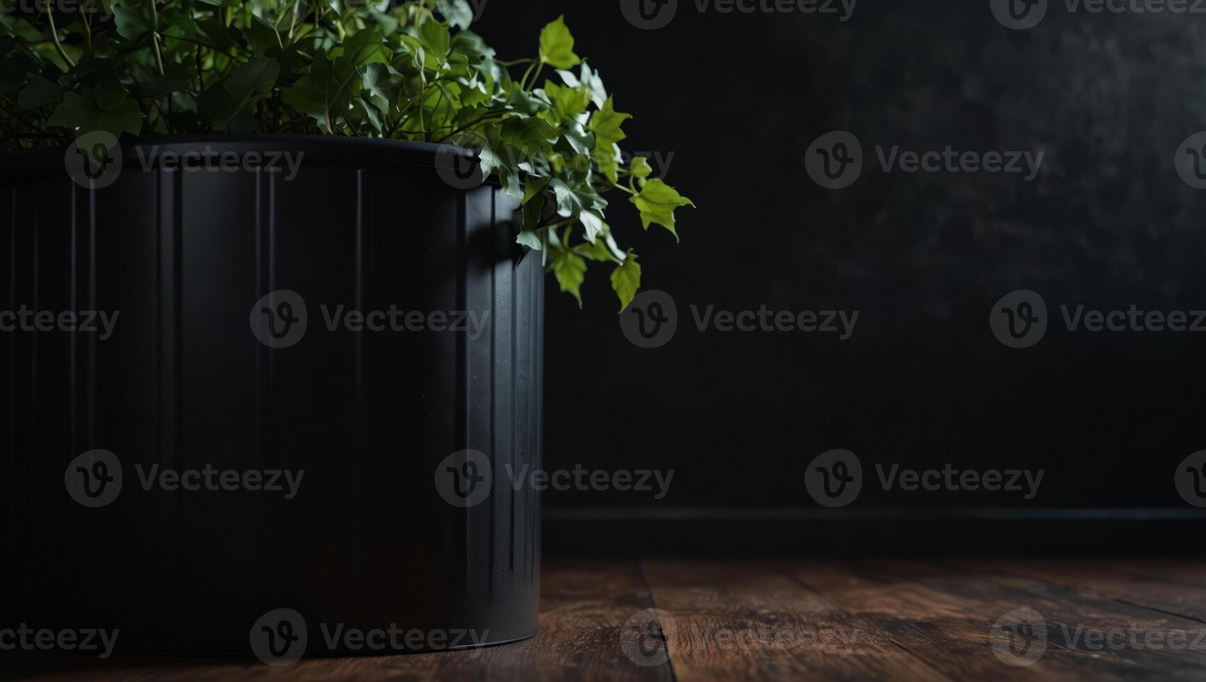 A black trash can stands in front of a black wall with green ivy leaves, mockups. photo