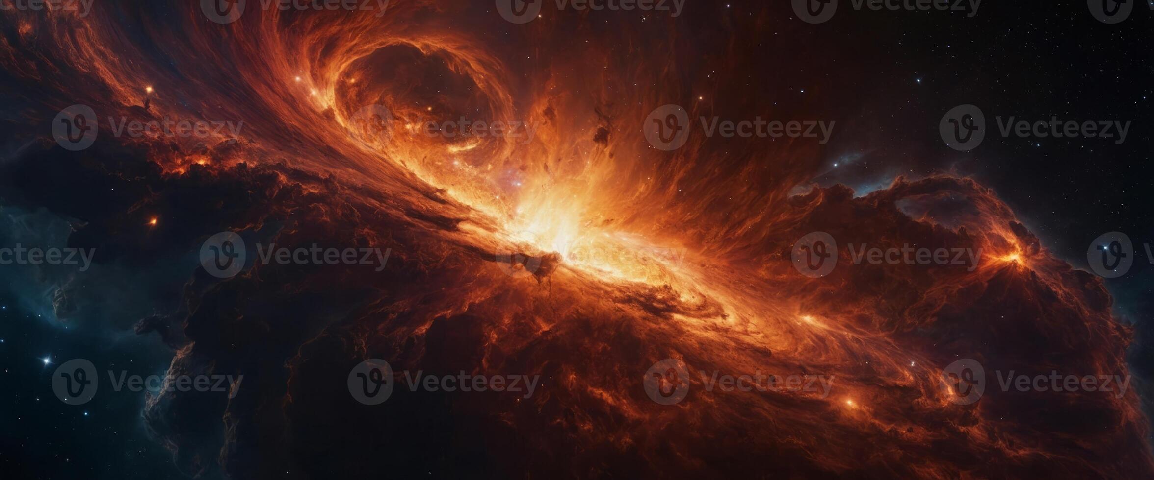 A blazing inferno amidst the vast expanse of the universe, as a fiery nebula consumes all in its path, displaying the raw power and beauty of nature in outer space. photo
