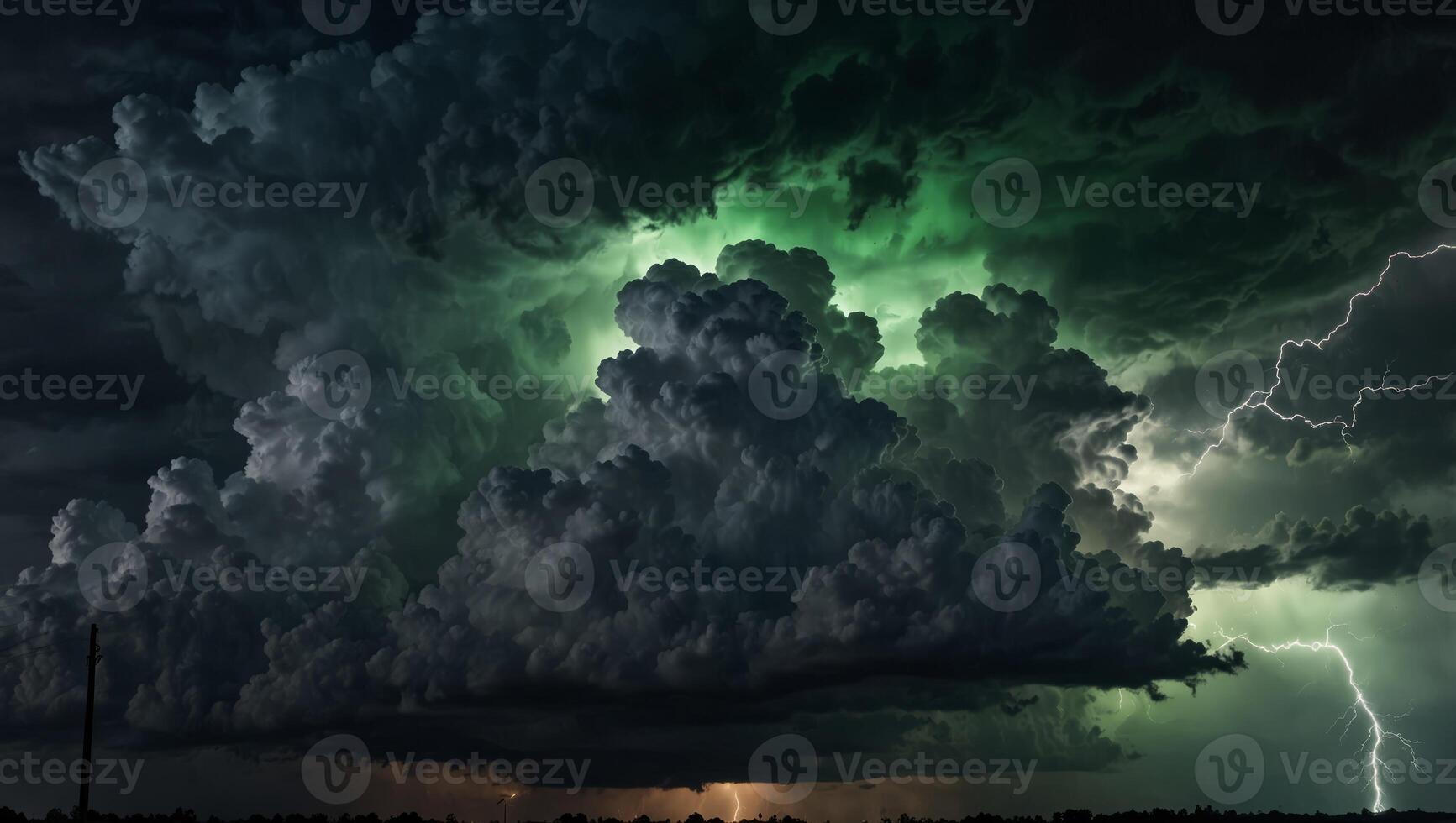 A conceptual image of white clouds and green lightning, representing renewable energy from storm power. photo