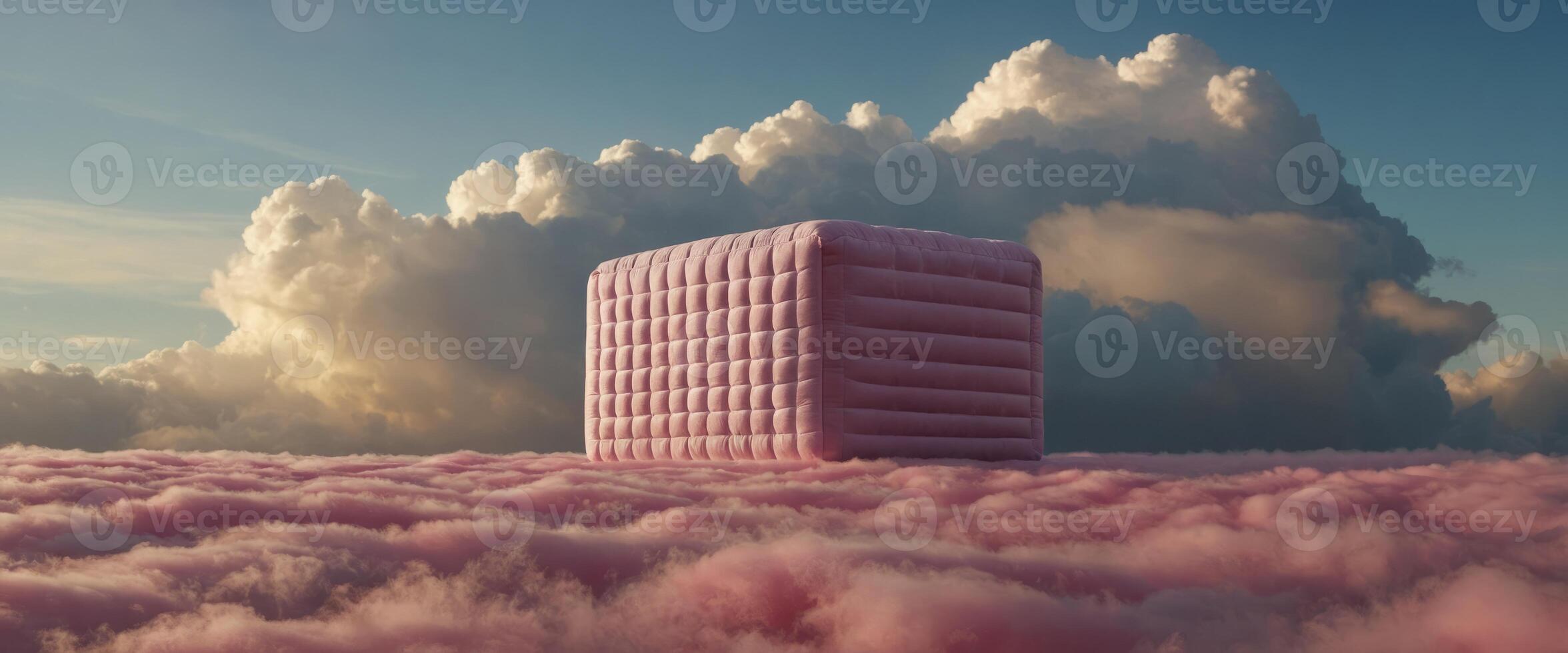 A pink mattress among the clouds The bed stands in a pink fluffy cloud in the sky Mattress advertising concept and sweet dreams. photo