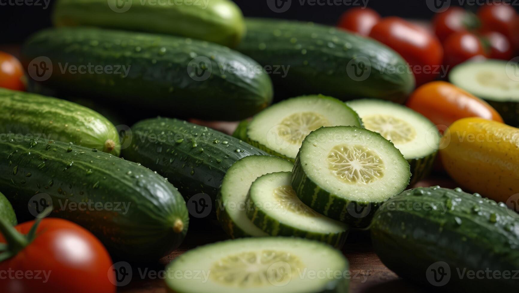 A group of cucumbers, along with various other fresh vegetables, neatly arranged on a table. photo