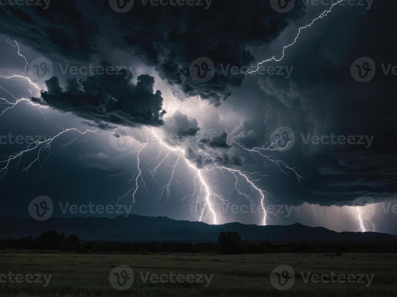 A dynamic image of white lightning streaks on a dark background, capturing the power and energy of a storm and the beauty of nature's fury. photo