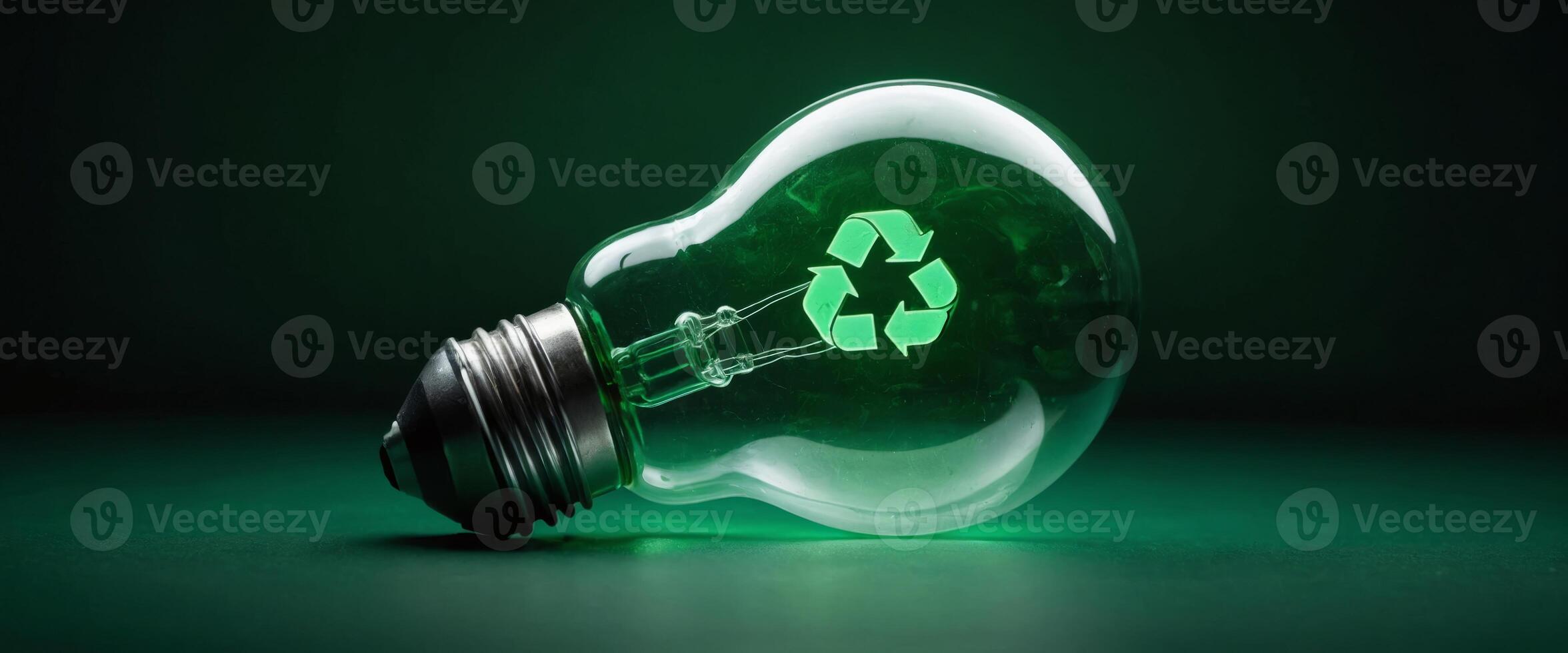 A light bulb with glowing recycling symbol inside on green background, Concept of eco friendly. photo