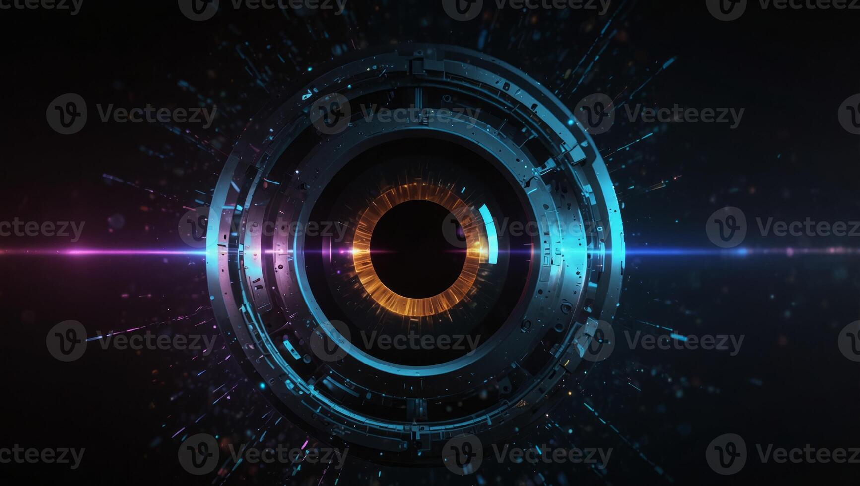 A futuristic eye lens design with a holographic finish on a solid black background, showcasing advanced technology. photo