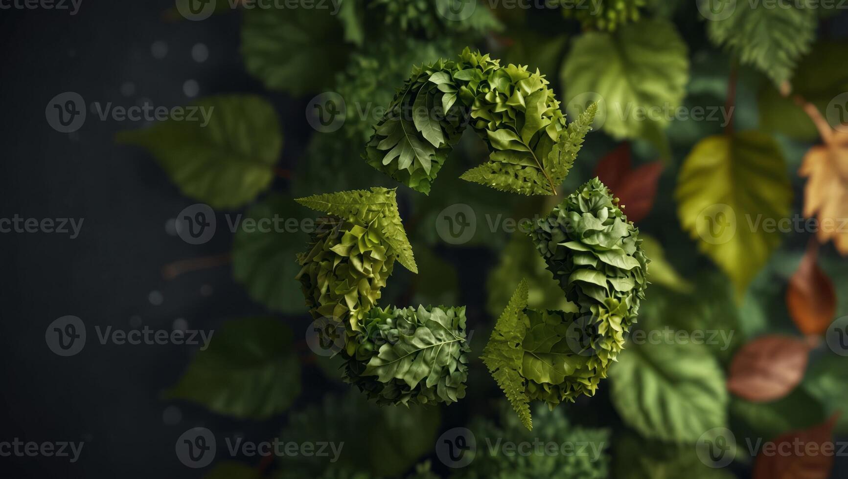 A graphic design of leaves arranged into a recycling symbol on an ecofriendly background. photo