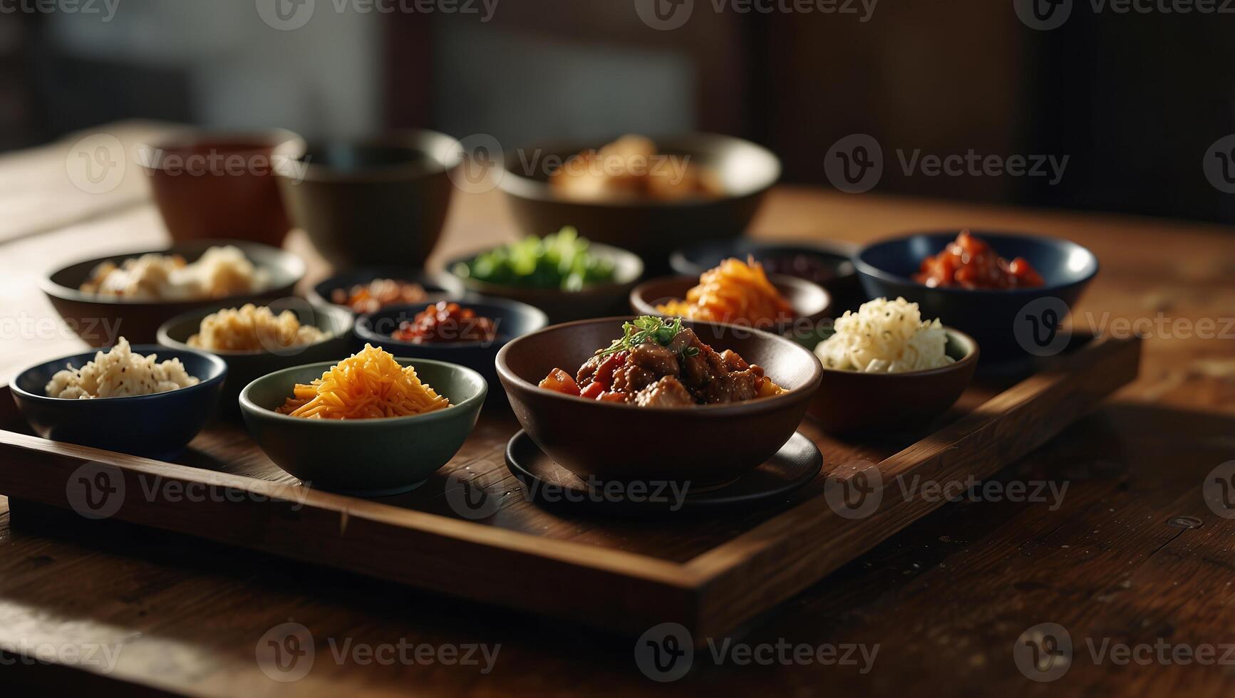 A traditional korean tray meal on wooden table. photo