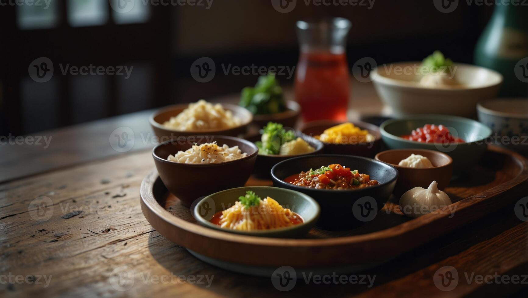 A traditional korean tray meal on wooden table. photo