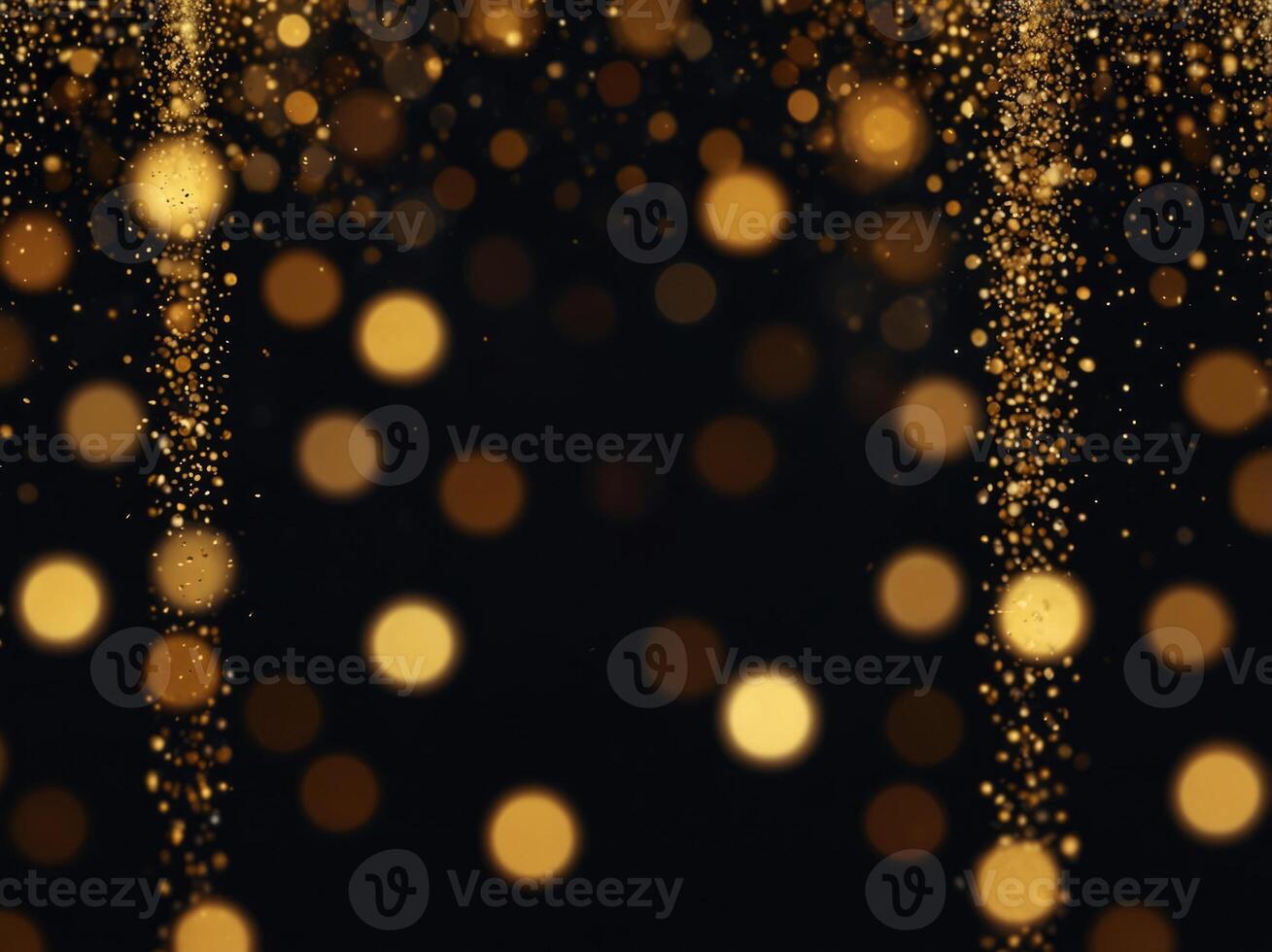Abstract festive dark background with gold glitter and bokeh New year, birthday, holidays celebration. photo