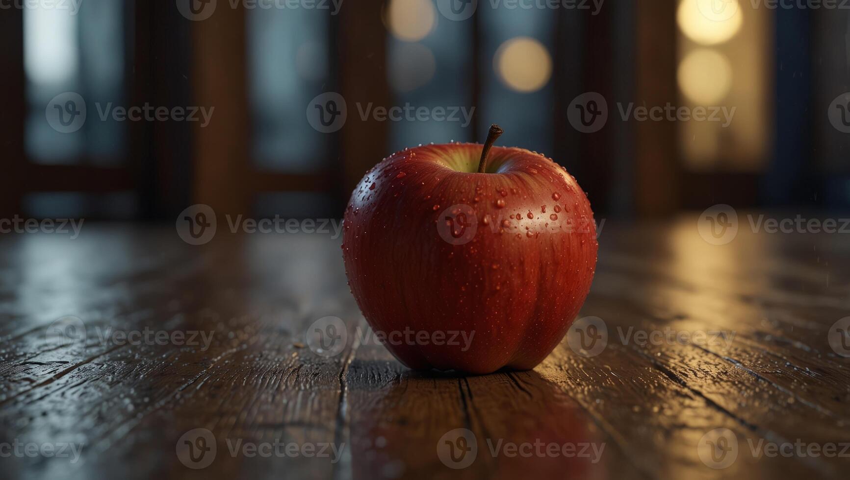 An apple resting on a textured wooden floor. photo